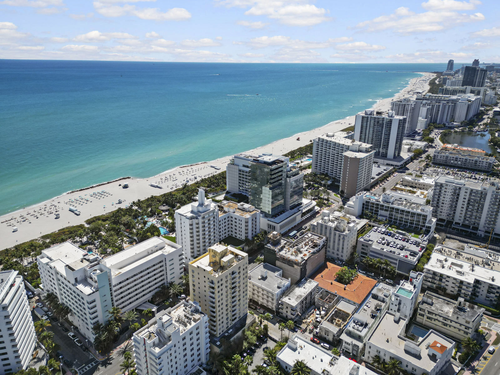 Aerial view of Miami Beach and the ocean beside Collins Avenue
